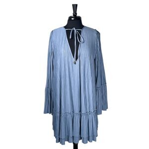 Free People Women’s Dress Small Blue Pleated Boho Tiered Long Sleeve Mini V-Neck